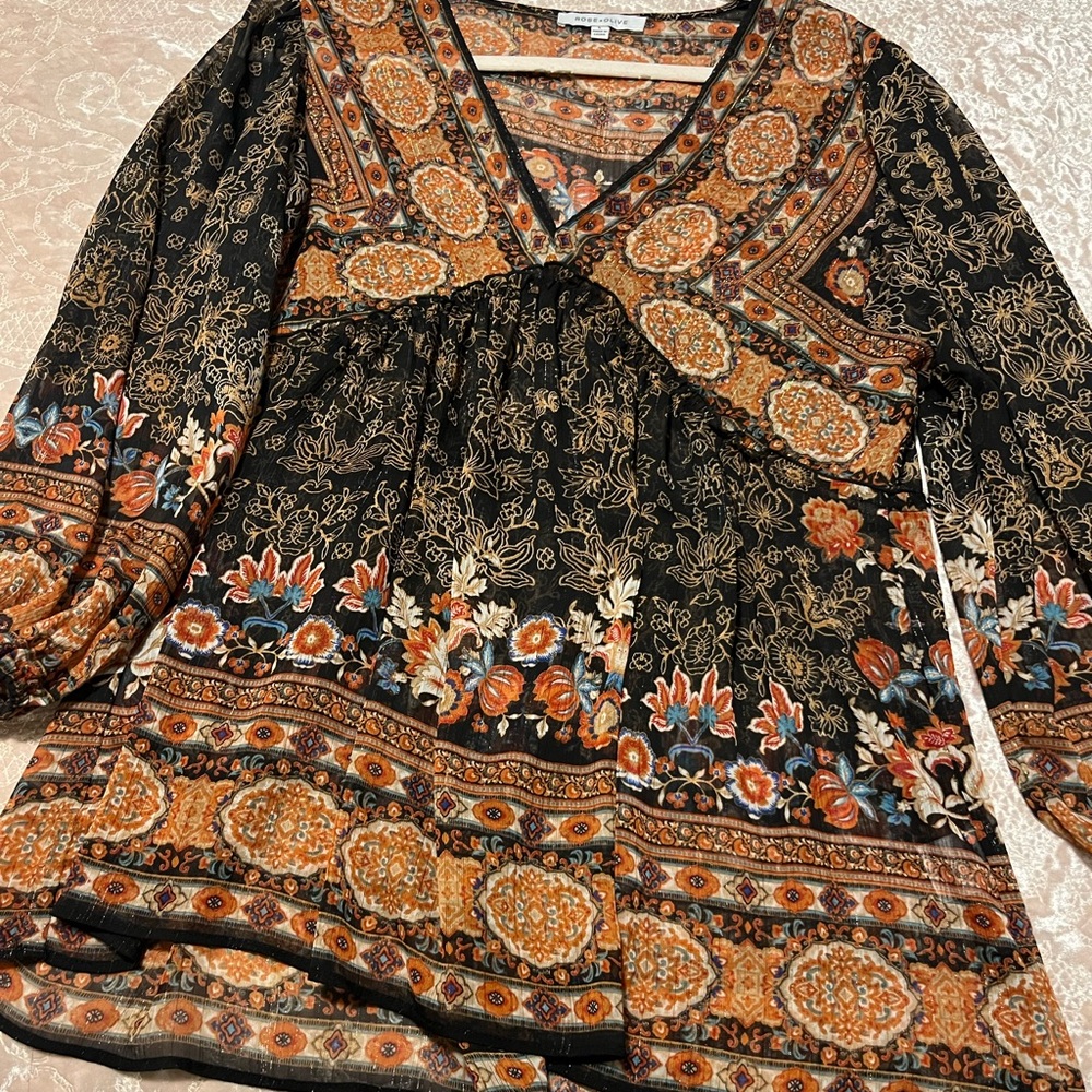Rose & Olive Black and Orange Floral Blouse